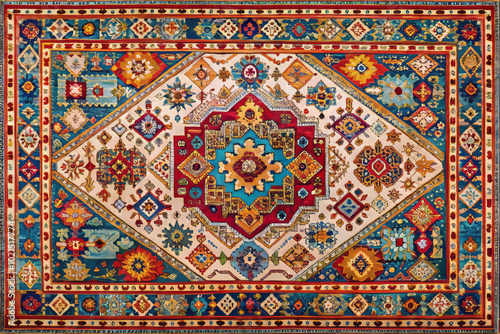 Vibrant Indian rug featuring bold colors and intricate geometric patterns, showcasing detailed floral designs and rich cultural artistry. Perfect for enhancing any space