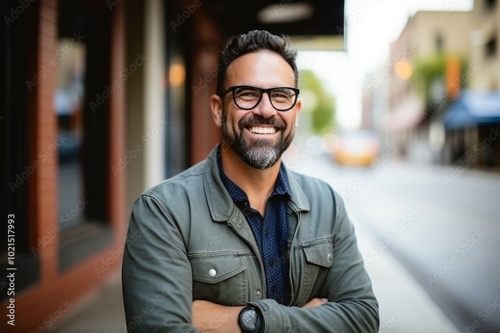 Portrait of a handsome man smiling with arms crossed in urban background