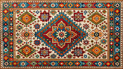 Intricate and vibrant Indian rug featuring geometric designs in rich colors, showcasing traditional craftsmanship and cultural heritage. Perfect for enhancing any space