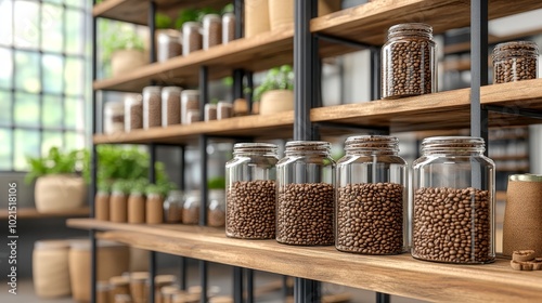 Rows of freshly brewed coffee beans in large jars, with rustic wooden shelves in the background, 3D illustration