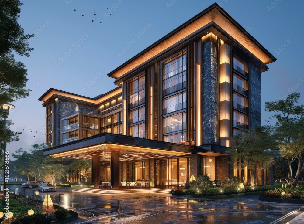 Fototapeta premium Modern Luxury Hotel Exterior at Night