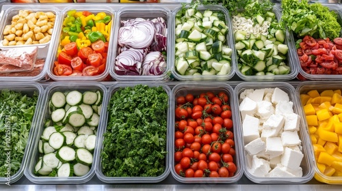 Close-up of colorful mixed salad ingredients in clear containers, freshly prepared in the deli section, 3D illustration