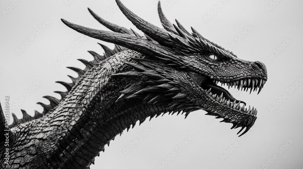 Majestic dragon sculpture in black and white showcasing intricate details and fierce expression Majestic dragon sculpture in black and white showcasing intricate details and fierce expression