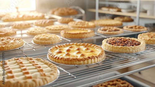 Freshly baked pies on display, their golden crusts glistening under soft lights, 3D illustration