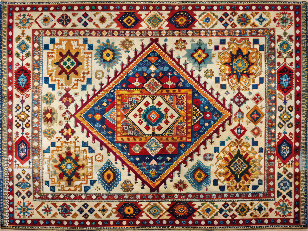 Vibrant Indian rug featuring intricate geometric shapes and bold colors, showcasing rich cultural heritage and artistic craftsmanship Vibrant Indian rug featuring intricate geometric shapes and bold colors, showcasing rich cultural heritage and artistic craftsmanship