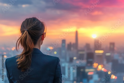 a woman in a suit looking at a city skyline