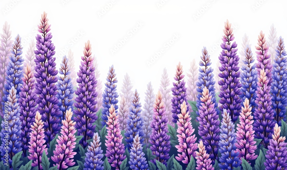 Naklejka premium A vibrant field of lupines in shades of purple and pink, perfect for floral designs, nature themed projects, or as a tranquil background for digital content.