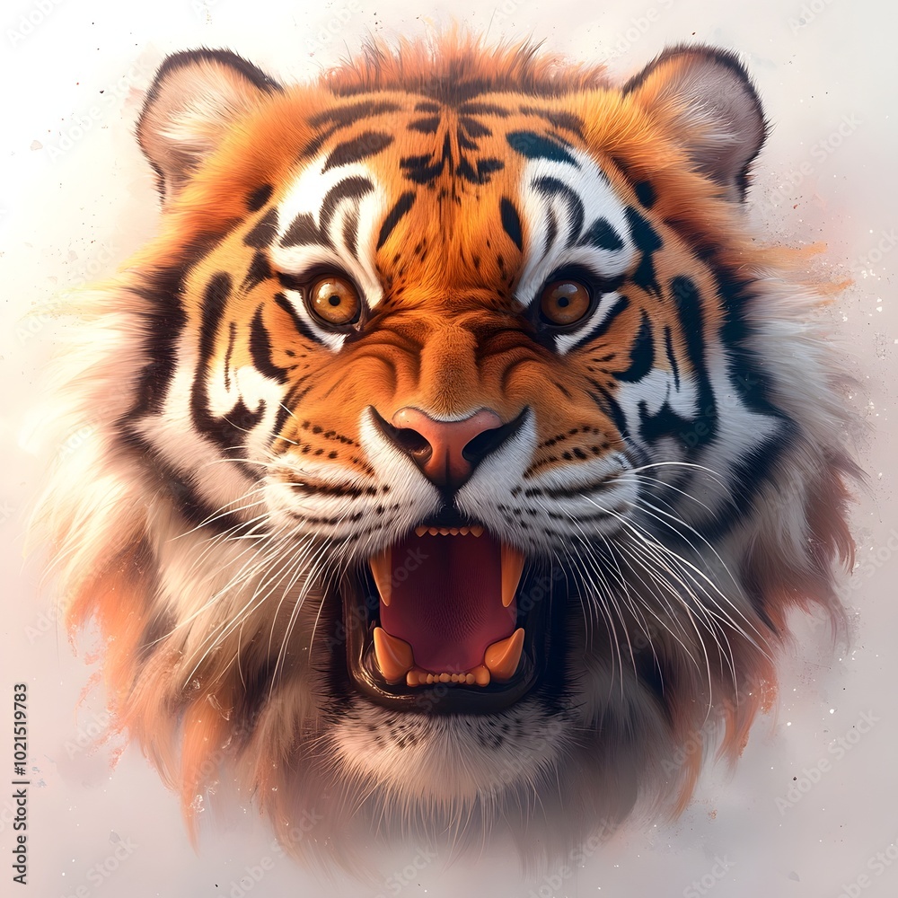 Naklejka premium Dramatic and Intense Closeup Portrait of an Angry and Surprised Tiger Showcasing its Powerful Facial Features Vibrant Orange Fur and Black Stripes Against a Transparent Background