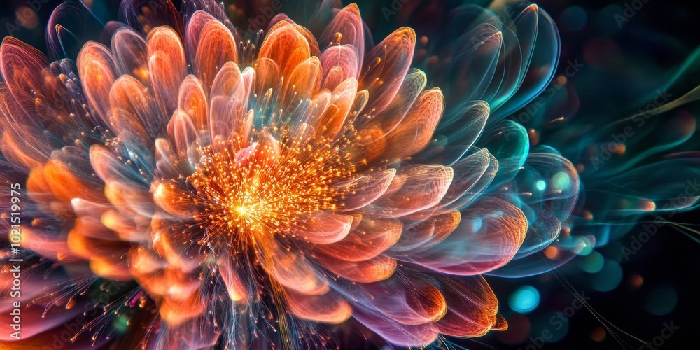 A vibrant and colorful flower blooms with a dazzling effect. The petals shimmer in shades of orange and blue, creating a stunning visual. Perfect for art and nature lovers. AI