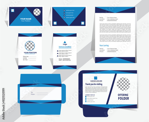 Top view stationery design mock up set for brand identity. White & Blue color style and grey background. Realistic bundle with folder, letter, envelope, Id card and business card.