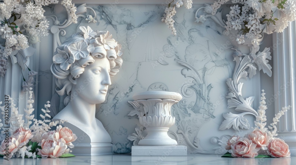 Elegant Marble Bust with Floral Accents Elegant Marble Bust with Floral Accents