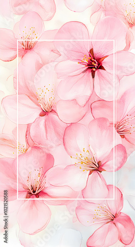 Watercolor floral pink background with clear glass text frame in the center. Place for copying. Postcard for invitation. Postcard concept.
