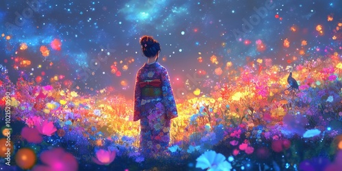 Woman in kimono amidst glowing flowers.