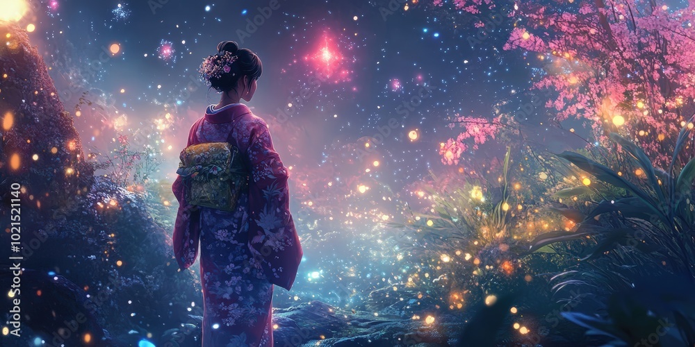 Naklejka premium Woman in kimono stands in glowing forest.