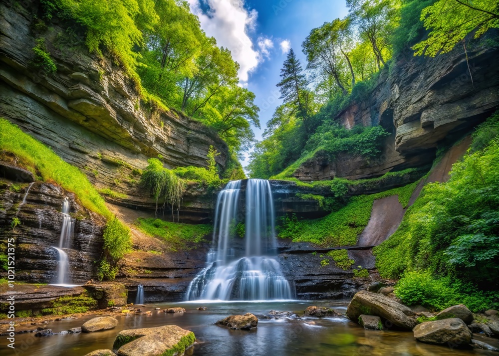 Fototapeta premium Scenic View of Fillmore Glen State Park in Moravia New York with Lush Greenery and Waterfalls