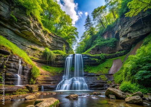 Scenic View of Fillmore Glen State Park in Moravia New York with Lush Greenery and Waterfalls