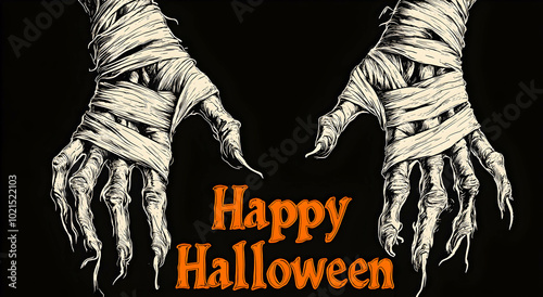 Scary mummy hands in bandages with Happy Halloween written on black background. Halloween Concept.
