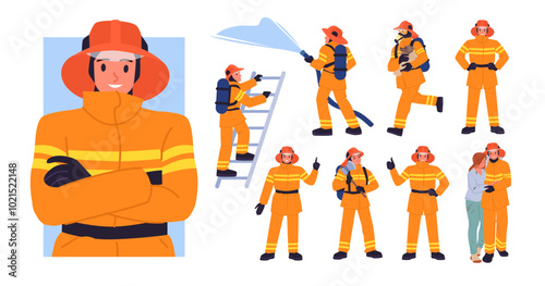 Firefighters at work set. Fireman in uniform with firefighting equipment, characters holding hose to put out flame and ladder, emergency workers save girl from fire cartoon vector illustration