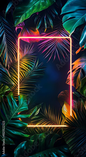 Tropical leaves and neon frame. Surreal tropical background. Tropical backgrounds concept.