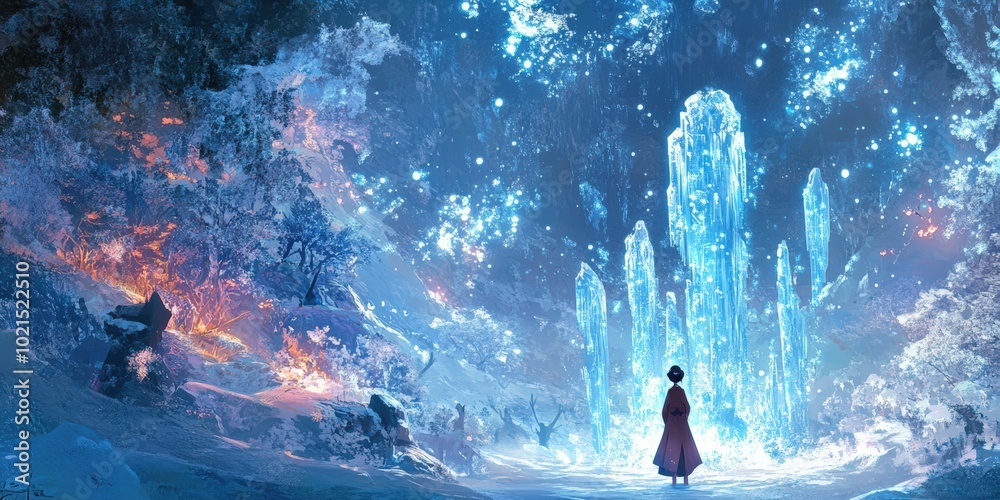 Fototapeta premium A woman stands before a glowing ice wall.