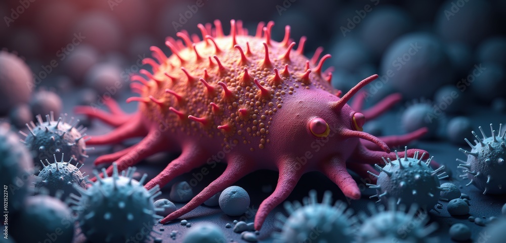 A detailed and vibrant illustration of a virus surrounded by microscopic cells, suitable for medical and scientific applications. A detailed and vibrant illustration of a virus surrounded by microscopic cells, suitable for medical and scientific applications.