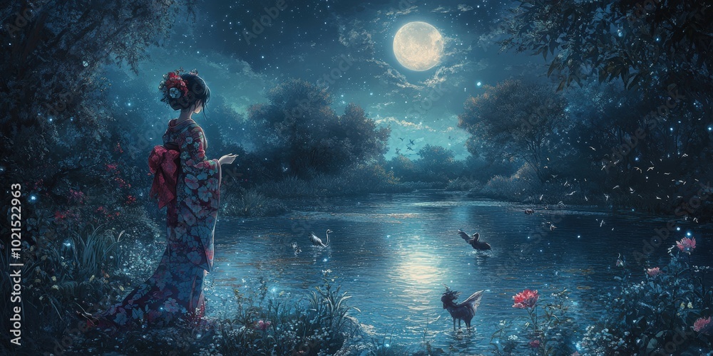 custom made wallpaper toronto digitalWoman in kimono stands by moonlit river.