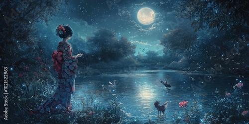 Wallpaper Mural Woman in kimono stands by moonlit river. Torontodigital.ca