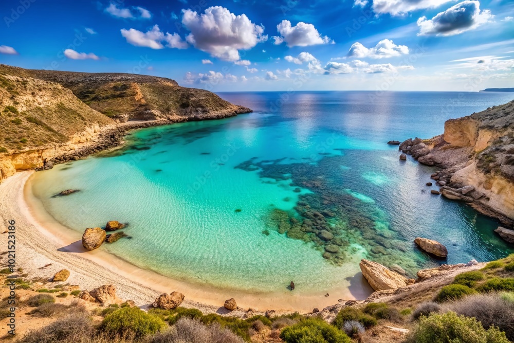 Fototapeta premium Scenic View of Rabbit Beach in Lampedusa, Sicily with Crystal Clear Waters and Golden Sand