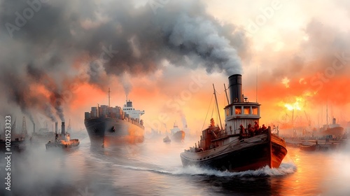 Powerful wooden tugboat skillfully guiding a large cargo ship through the narrow channels of a bustling harbor with billowing smoke stacks and a skilled captain at the helm