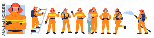Firefighters at work set. Fireman in uniform with firefighting equipment, characters holding hose to put out flame and ladder, emergency workers save girl from fire cartoon vector illustration