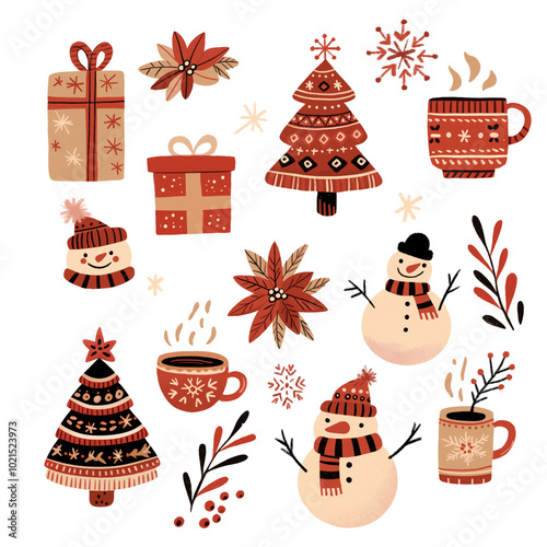 Christmas elements set collection of ornaments with snowman, gift box, christmas tree and coffee mug on transparent background.