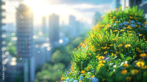 A beautiful garden on a sunny day with a view of the city in the background photo