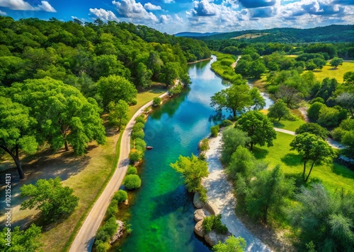 Scenic view of the Kerrville River Trail surrounded by lush greenery and tranquil waters in Texas