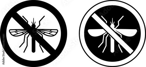 No Mosquito Signs. Black and White Vector Icons. Prohibitory Sign. Insect Control