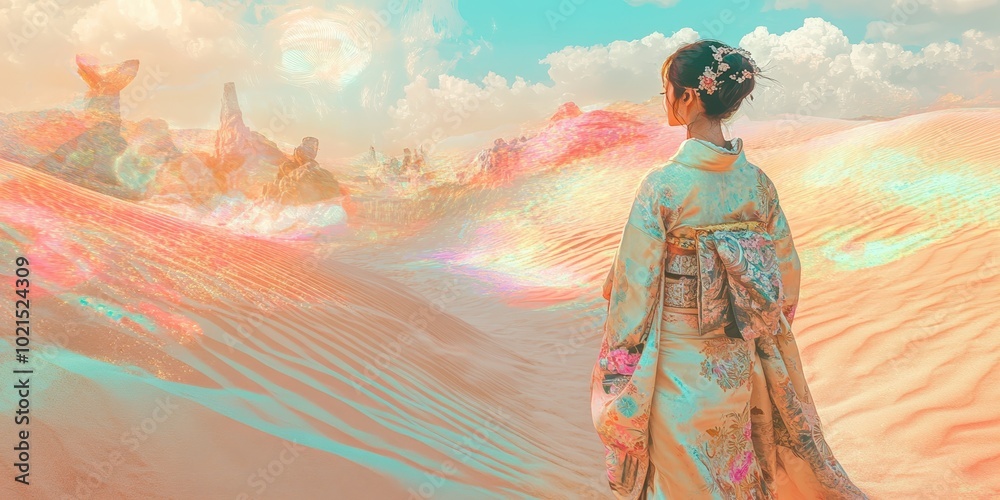 Fototapeta premium Woman in kimono standing in a desert.