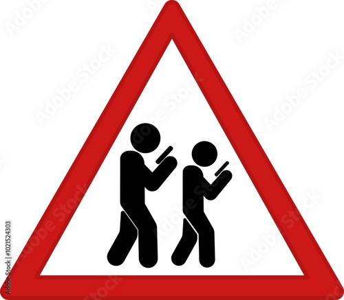 Red Sign Beware of Smartphone Zombie. Vector Icon. Humorous Sign. People Constantly Looking at Mobile Phone