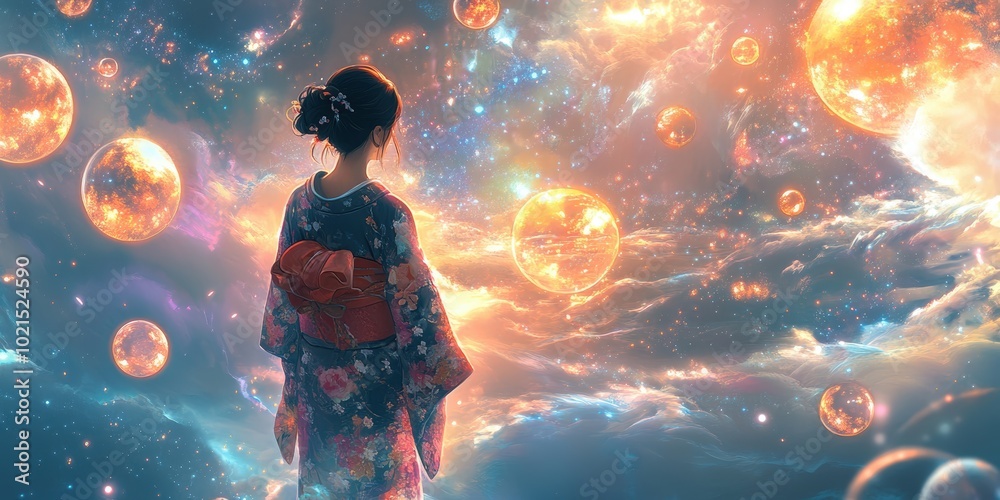 Woman in a kimono gazing at a starry sky. Woman in a kimono gazing at a starry sky.