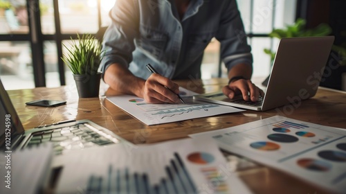 A businessman, focused on his laptop, calculates and evaluates market data, using a pen and documents to prepare reports that contribute to financial growth and strategic planning.