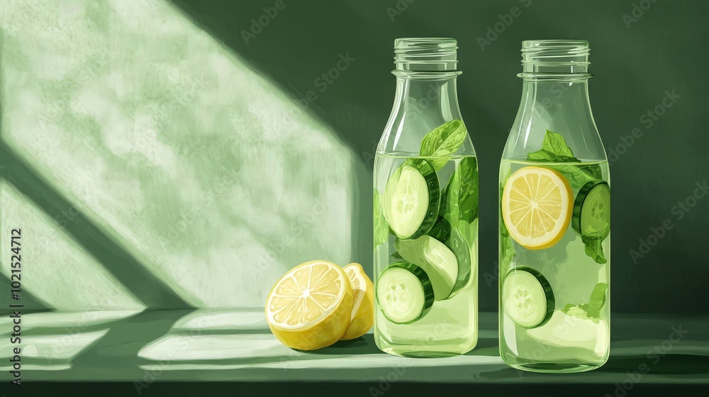Refreshing Detox Water Bottles - Minimalist Anime Vector Illustration of Infused Lemon and Cucumber Drinks in Sunlight on Green Background Refreshing Detox Water Bottles - Minimalist Anime Vector Illustration of Infused Lemon and Cucumber Drinks in Sunlight on Green Background
