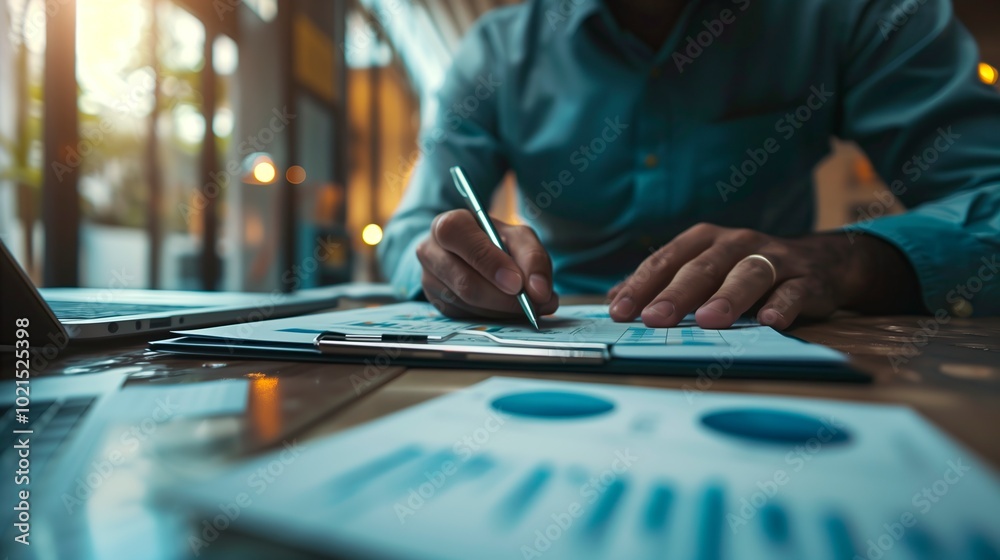 Obraz premium During a conference, a man manager collaborates with colleagues, discussing investment strategies and analyzing financial graphs on a laptop, showcasing innovation in the corporate environment.