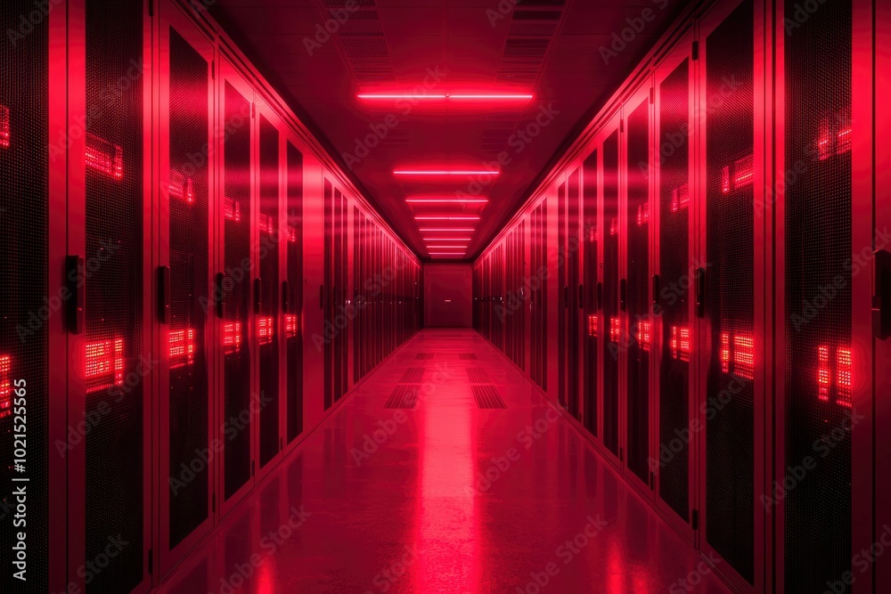 Red-lit Server Room with Rows of Cabinets
