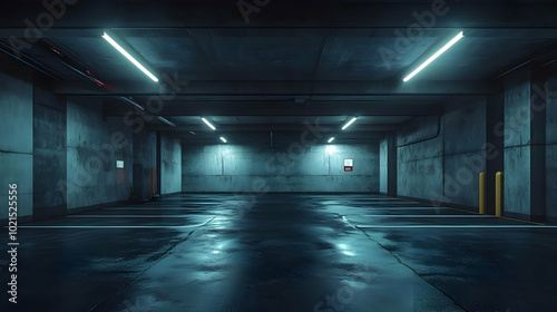 3D Illustration of an Empty, Wet, Concrete Parking Garage