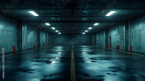 Empty Wet Parking Garage 3D Illustration