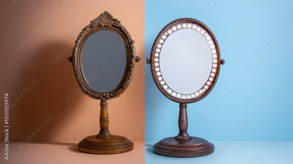 Two vanity mirrors with different styles sit side-by-side on a peach and blue background. old vs new generation Two vanity mirrors with different styles sit side-by-side on a peach and blue background. old vs new generation