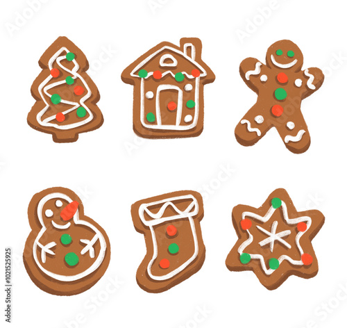 Gingerbread cookies with white sticker border on transparent background. Xmas or New Year winter separated illustrations: house, snowman, cookie man, star and christmas tree shaped cookies with glaze.