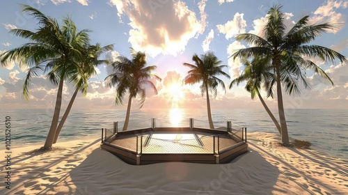 3D MMA arena on the fight island. Octagon on the sand. Palm trees, sun, sand. New MMA location. Sport. 3D illustration MMA octagon