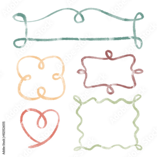 Set of watercolor doodle frames and heart in various shapes. Hand drawn design elements for greeting card.
