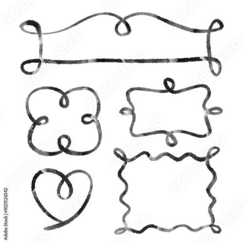 Various hand drawn black frame elements with wavy and curly lines on transparent background for card design and decor.