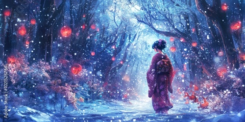 Woman in kimono walks through snowy, glowing forest.