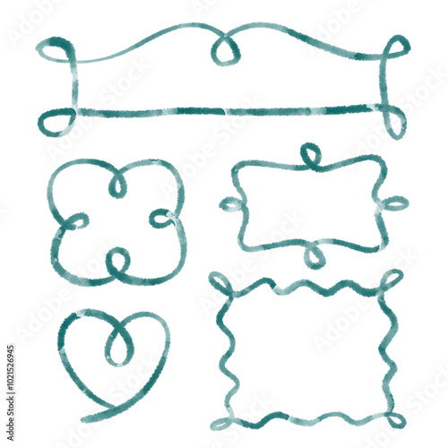 Doodle style frame set in teal watercolor brush stroke on transparent background. Decorative border element for wedding invitation.